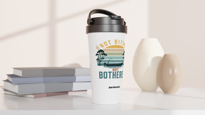 Not Biting Not Bothered travel mug beside books and vases, Zen Koala Australia
