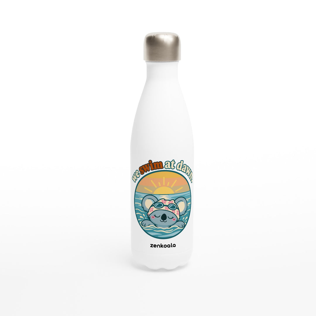 We Swim at Dawn feel-good water bottle: a koala swimming at sunrise, Zen Koala Australia