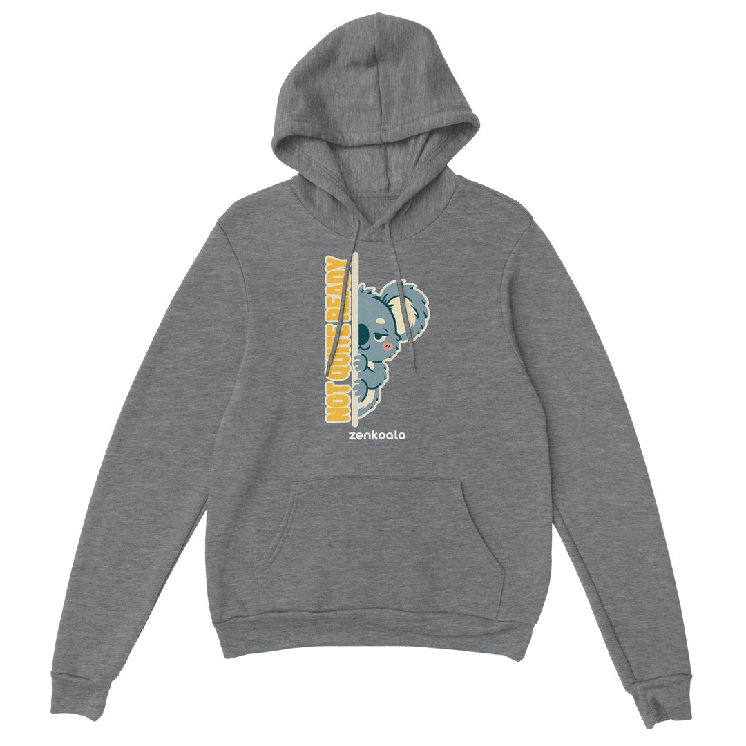 Not Quite Ready feel-good hoodie in sport grey: a sleepy koala peeking round a doorway, Zen Koala Australia