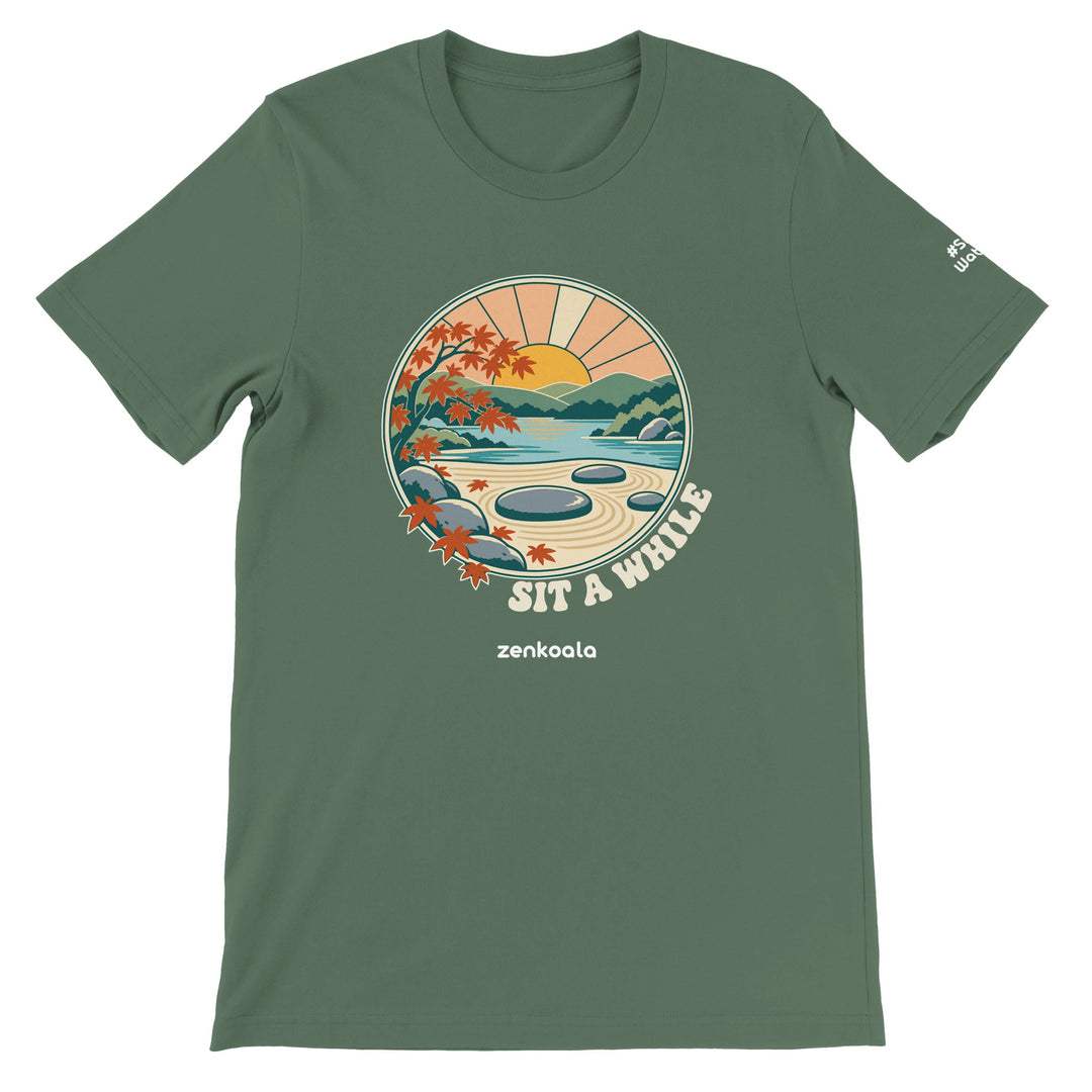 Zen Garden Sit a While feel-good tee in military green, Zen Koala Australia