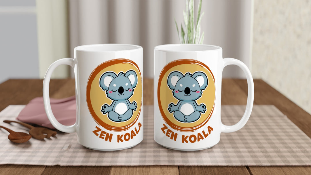 Two Zen Koala 15oz mugs on a table, showing both sides of the design, Zen Koala Australia