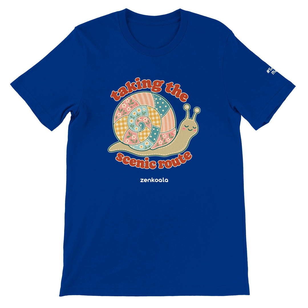 Taking the Scenic Route Snail feel-good tee in true royal, Zen Koala Australia
