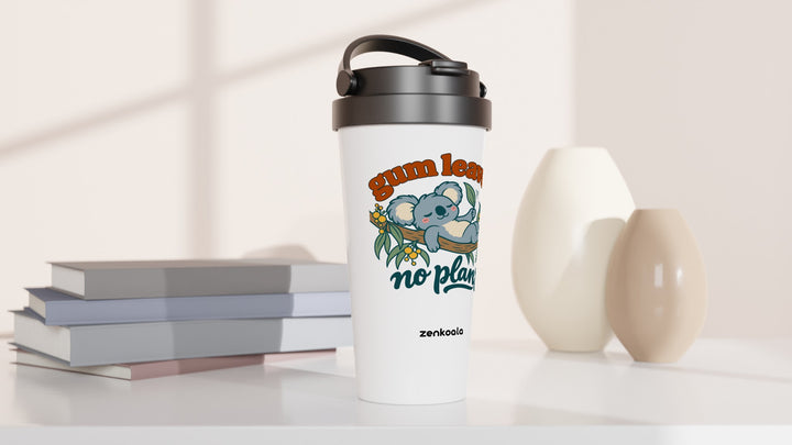 Gum Leaves No Plans travel mug beside books and vases, Zen Koala Australia