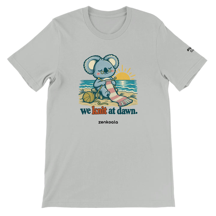We Knit at Dawn feel-good tee in silver, Zen Koala Australia