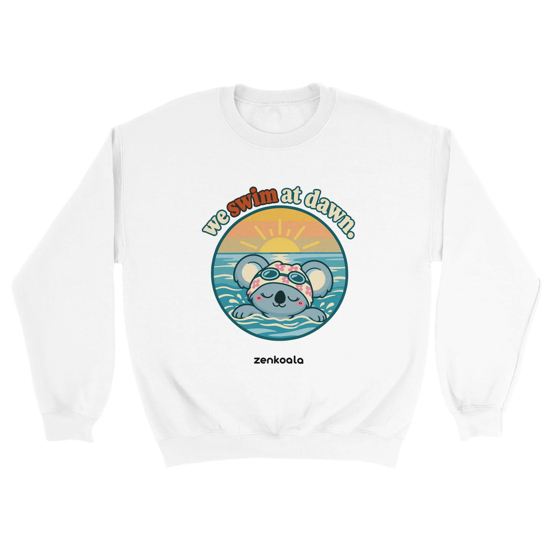 We Swim at Dawn feel-good sweatshirt in white, Zen Koala Australia