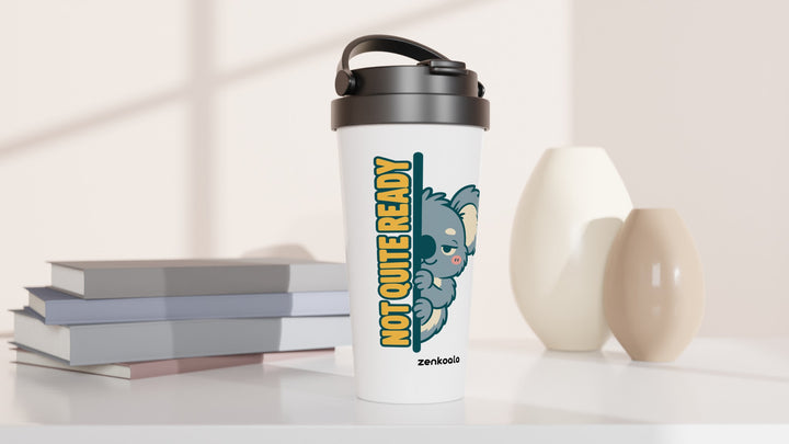 Not Quite Ready travel mug beside books and vases, Zen Koala Australia