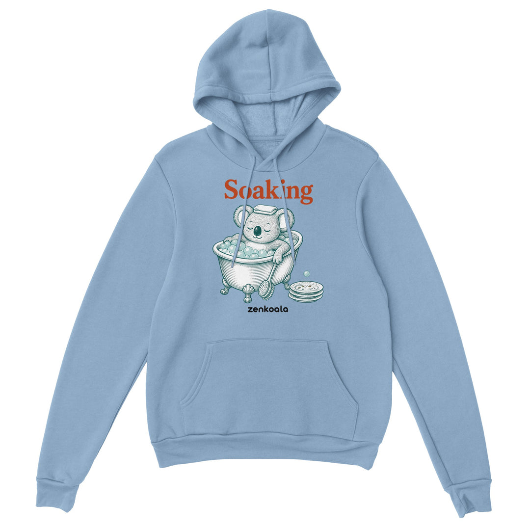 Soaking Koala Bath feel-good hoodie in light blue, Zen Koala Australia