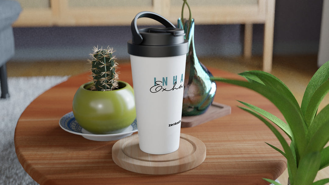 Exhale travel mug on a wooden table with a cactus, Zen Koala Australia