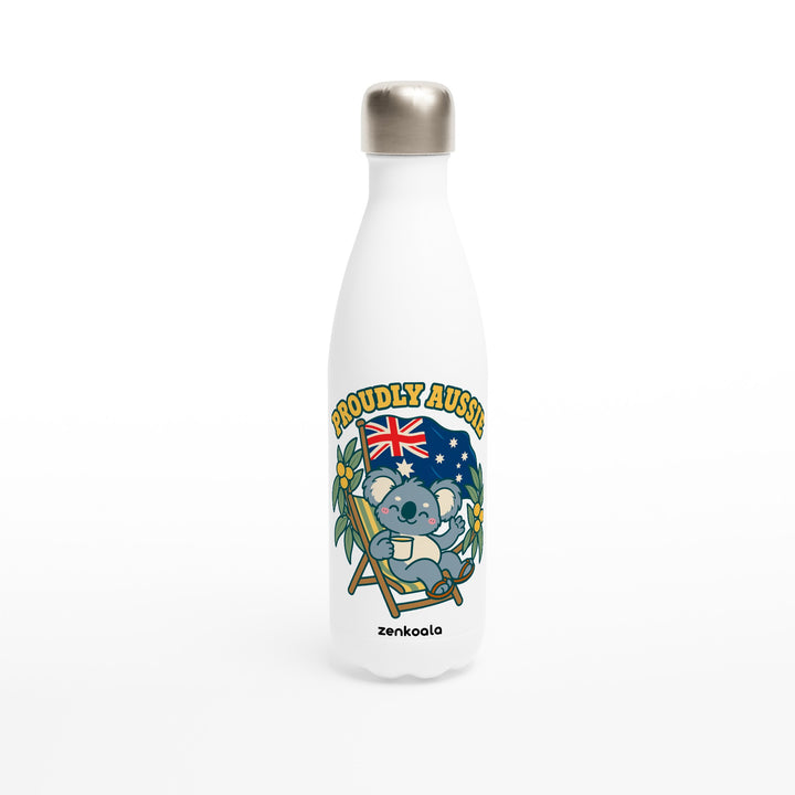 Proudly Aussie feel-good water bottle: a koala in a beach chair under the Australian flag, Zen Koala Australia