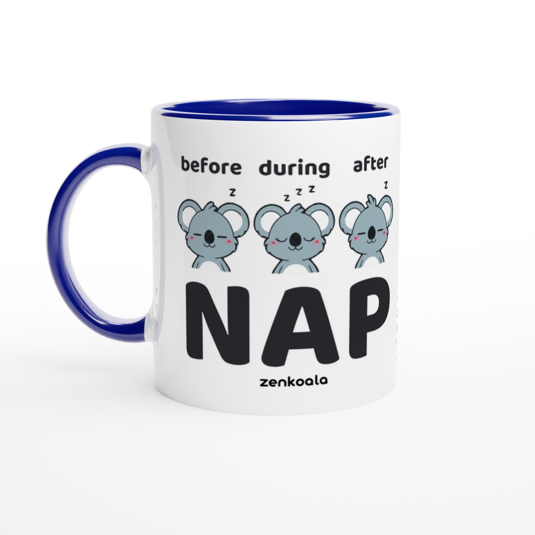 Before Nap Nap After Nap Koala mug in blue: white with a blue rim, inside and handle, Zen Koala Australia