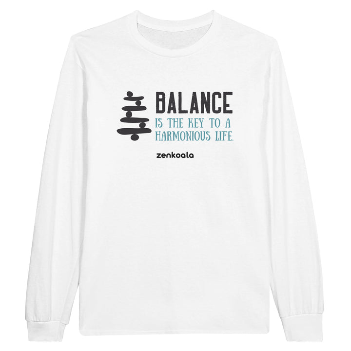 Balance feel-good long sleeve tee in white: a stack of balancing stones, Zen Koala Australia