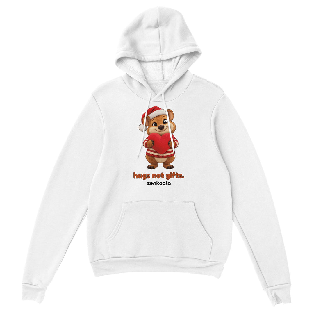 Hugs Not Gifts feel-good hoodie in white, Zen Koala Australia