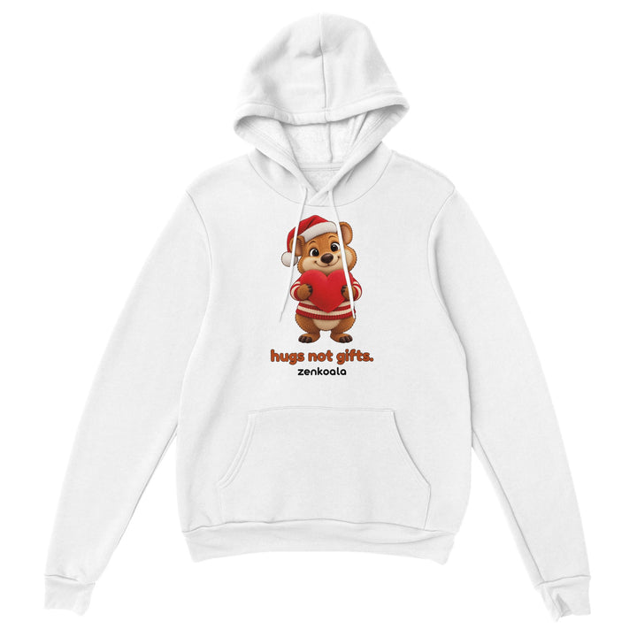 Hugs Not Gifts feel-good hoodie in white, Zen Koala Australia