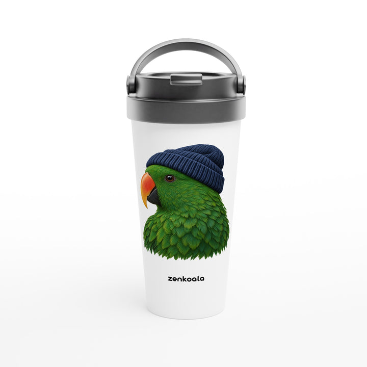 Parrot Beanie feel-good travel mug: a green parrot in a beanie, Zen Koala Australia