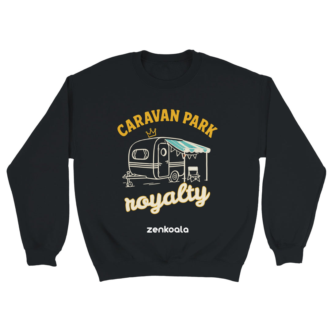 Caravan Park Royalty feel-good sweatshirt in black — a retro caravan with a striped awning and camp chair, Zen Koala Australia