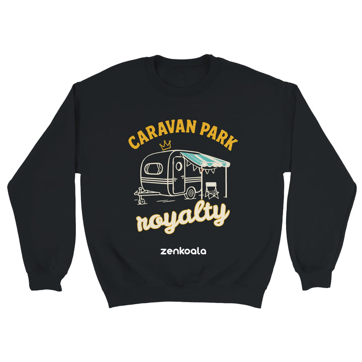 Caravan Park Royalty feel-good sweatshirt in black — a retro caravan with a striped awning and camp chair, Zen Koala Australia