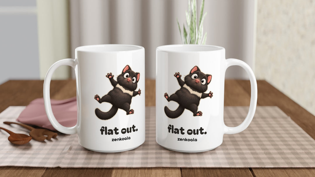 Two Flat Out 15oz mugs on a table, showing both sides of the design, Zen Koala Australia