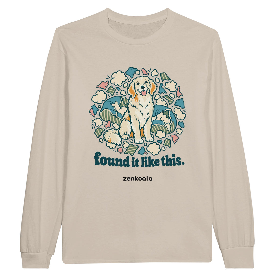 Found It Like This feel-good long sleeve tee in sand: an innocent dog in a cloud of cushion fluff, Zen Koala Australia