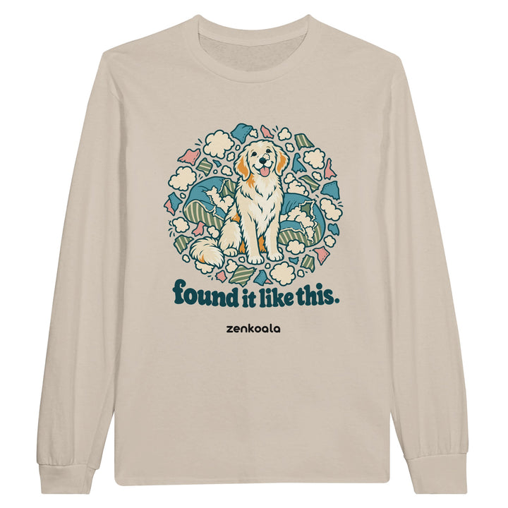 Found It Like This feel-good long sleeve tee in sand: an innocent dog in a cloud of cushion fluff, Zen Koala Australia