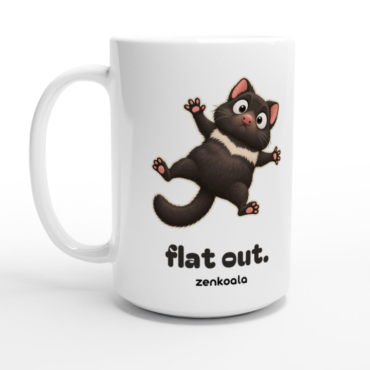 Flat Out feel-good 15oz mug: a Tasmanian devil sprawled flat, Zen Koala Australia