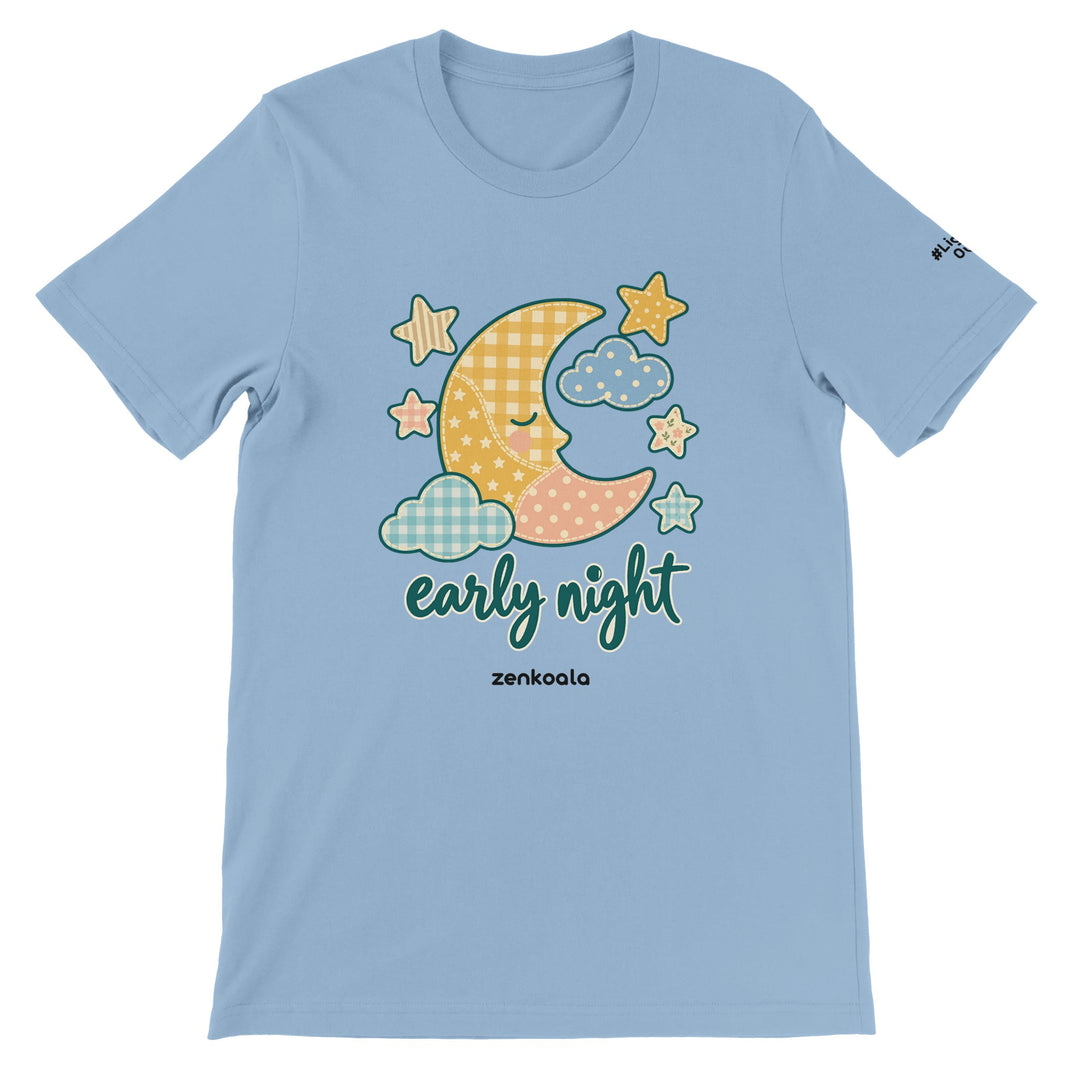 Early Night Moon feel-good tee in light blue: a sleepy faux patchwork moon, Zen Koala Australia