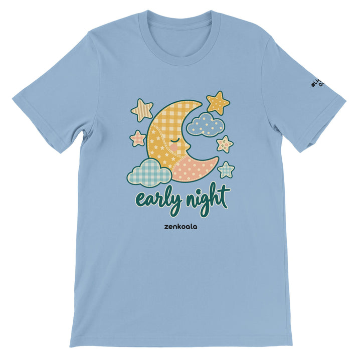 Early Night Moon feel-good tee in light blue: a sleepy faux patchwork moon, Zen Koala Australia