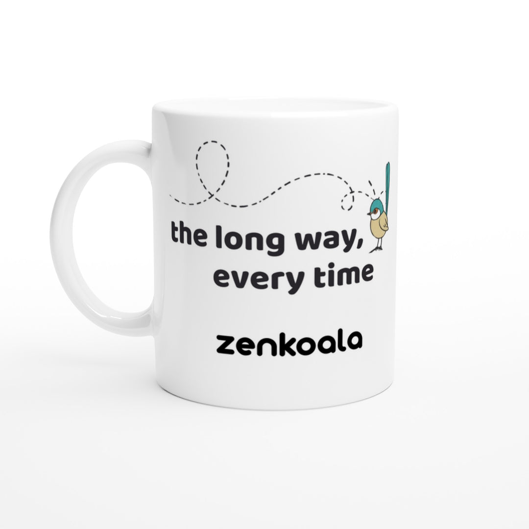 The Long Way Every Time feel-good mug — a fairy-wren on a looping flight path, Zen Koala Australia