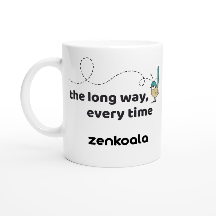 The Long Way Every Time feel-good mug — a fairy-wren on a looping flight path, Zen Koala Australia