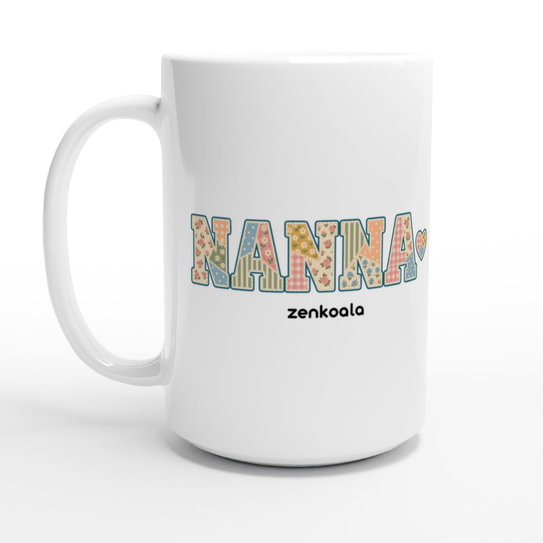 Nanna Faux Patchwork feel-good 15oz mug: vintage faux patchwork letters with a stitched heart, Zen Koala Australia