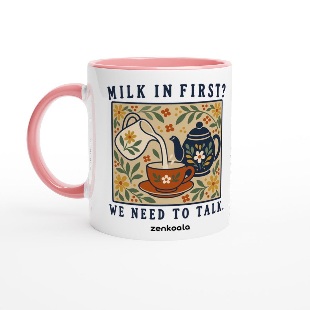 Milk in First mug in pink: white with a pink rim, inside and handle, Zen Koala Australia
