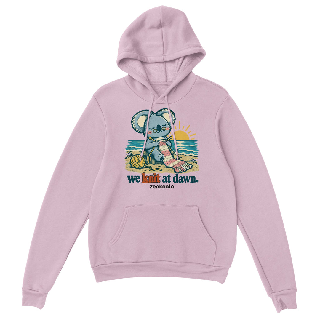 We Knit at Dawn feel-good hoodie in light pink, Zen Koala Australia