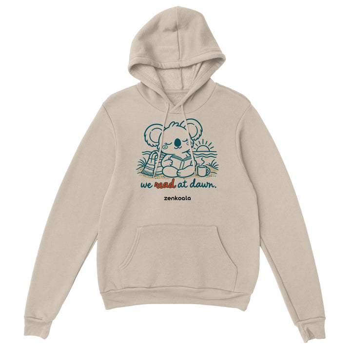 We Read at Dawn feel-good hoodie in sand, Zen Koala Australia