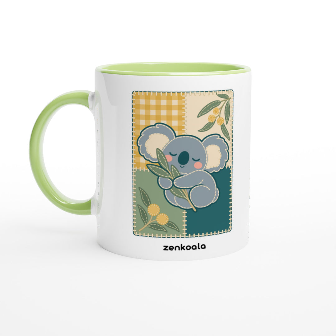 Koala Quilt feel-good mug: a sleeping koala on a quilt block, Zen Koala Australia