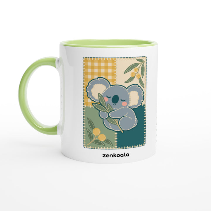 Koala Quilt feel-good mug: a sleeping koala on a quilt block, Zen Koala Australia