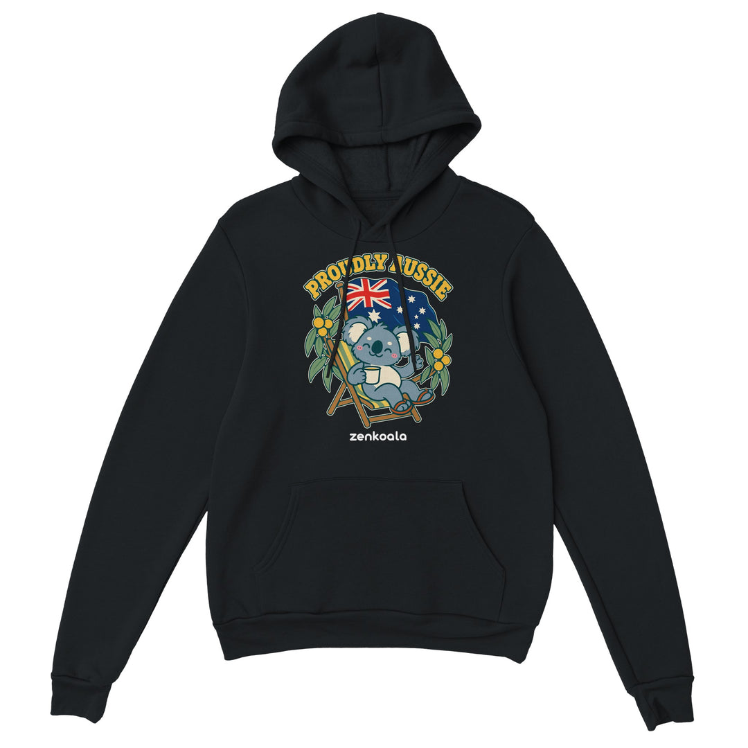 Proudly Aussie feel-good hoodie in black, Zen Koala Australia