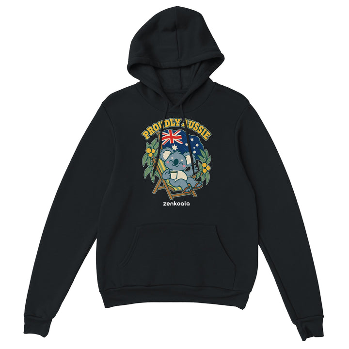 Proudly Aussie feel-good hoodie in black, Zen Koala Australia