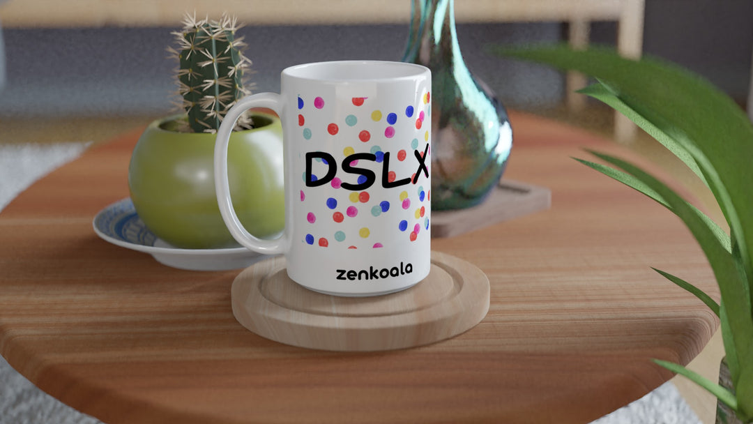 Dyslexia is my SuperPower 15oz mug on a wooden table with a cactus, Zen Koala Australia