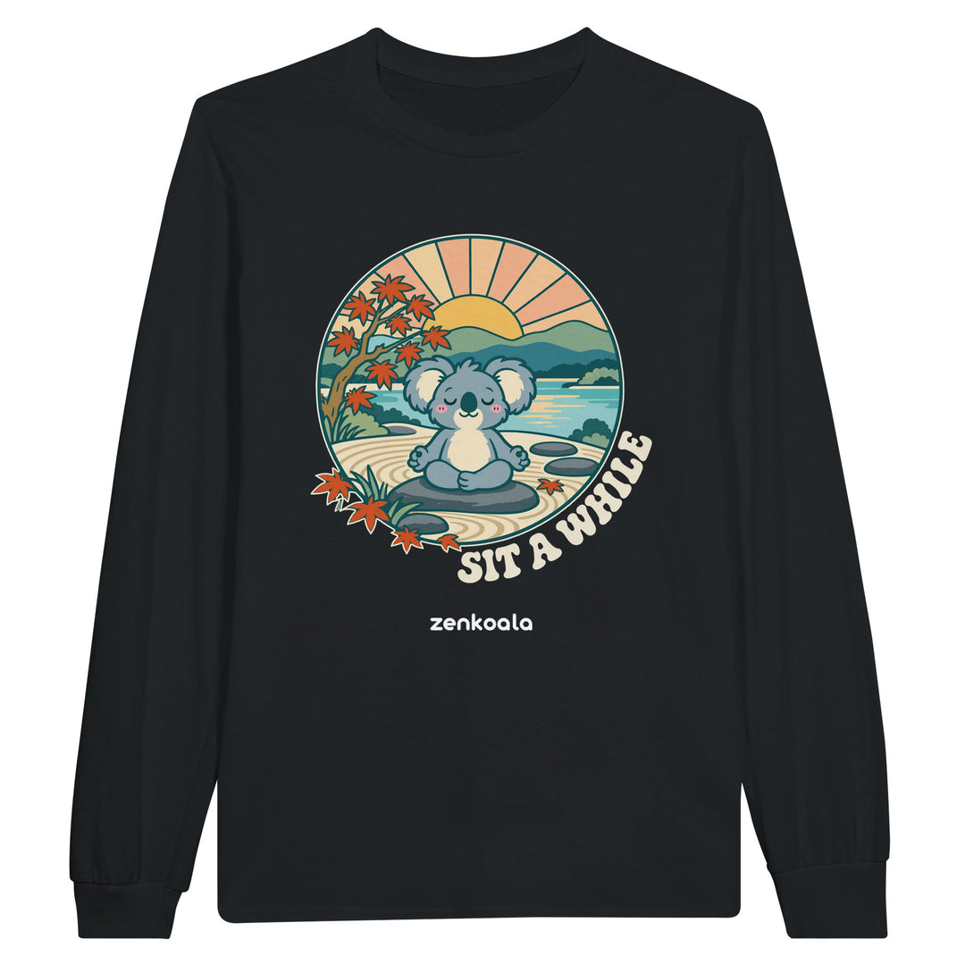 Sit a While feel-good long sleeve tee in black, Zen Koala Australia