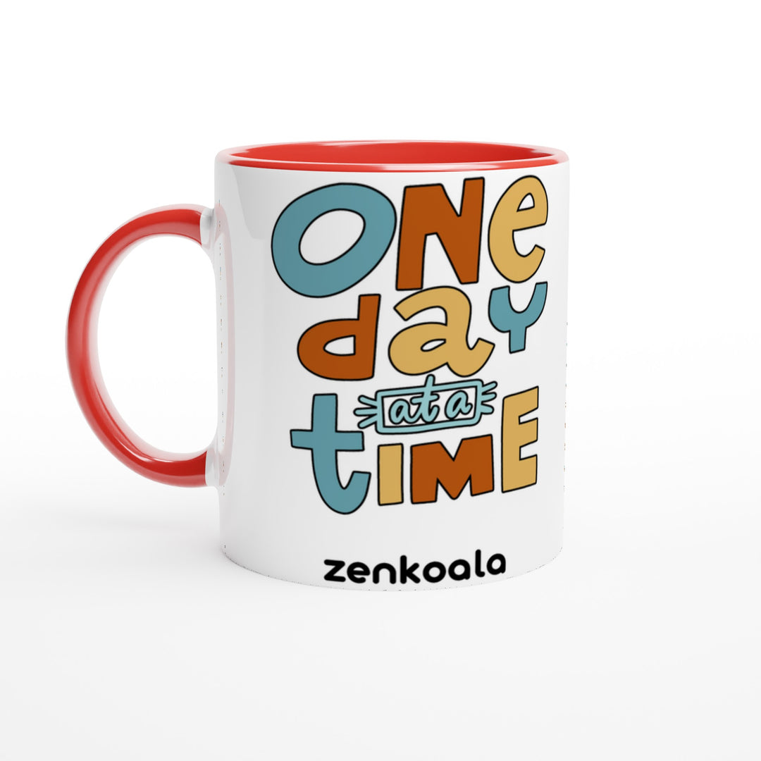 One Day at a Time mug in red: white with a red rim, inside and handle, Zen Koala Australia