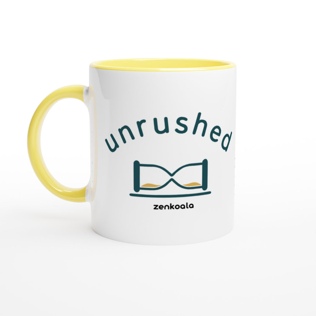 Unrushed mug in yellow: white with a yellow rim, inside and handle, Zen Koala Australia