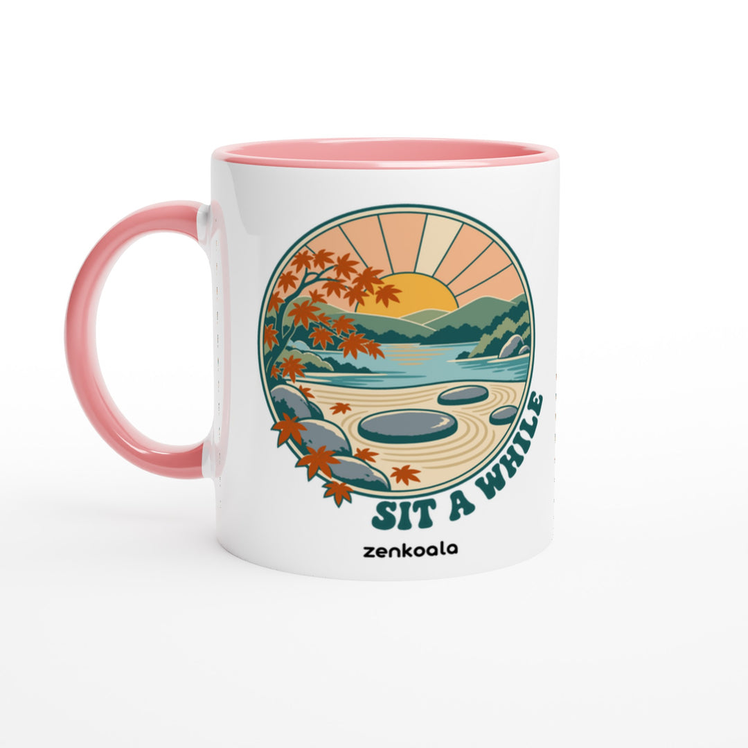 Zen Garden Sit a While mug in pink: white with a pink rim, inside and handle, Zen Koala Australia