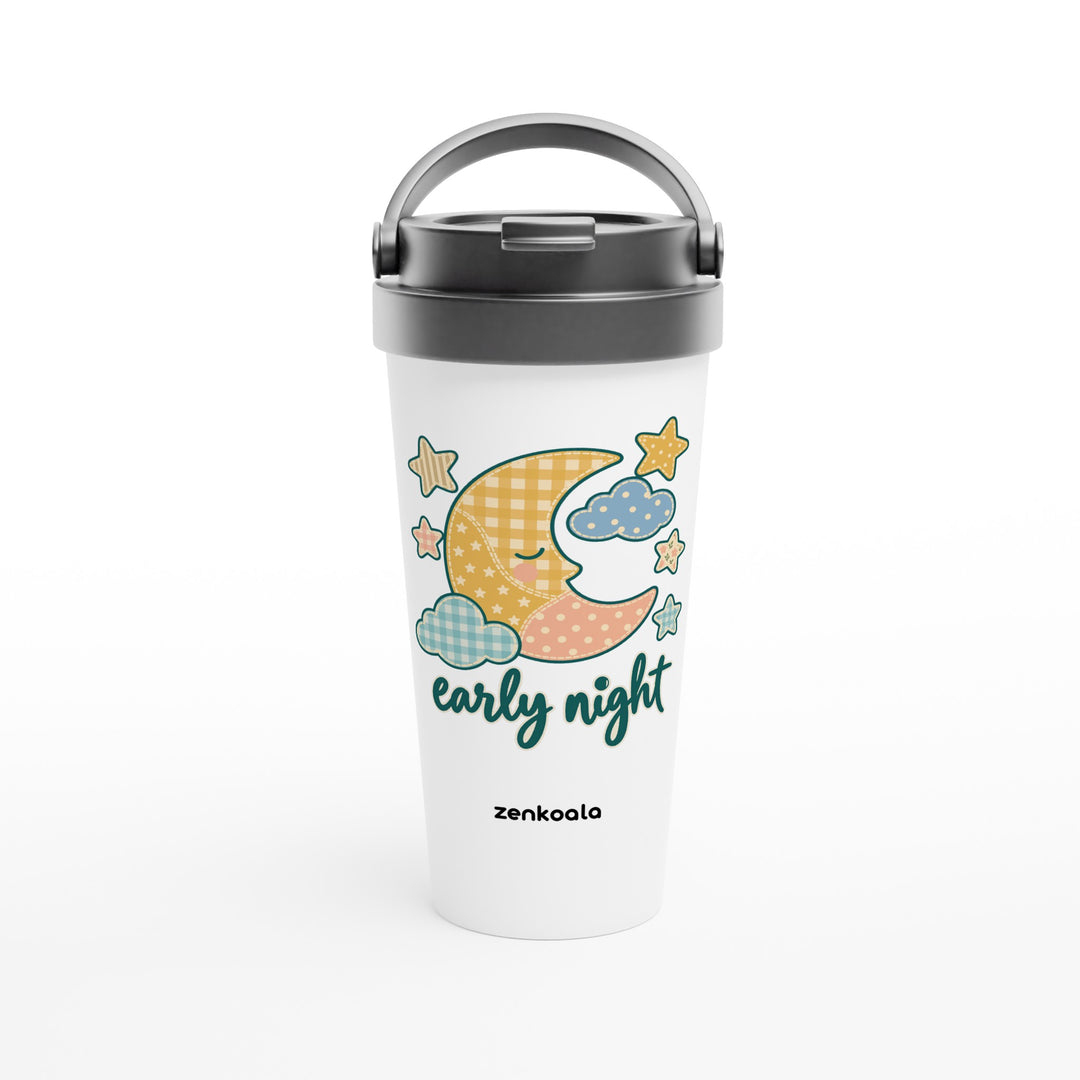 Early Night Moon feel-good travel mug: a sleepy faux patchwork moon, Zen Koala Australia