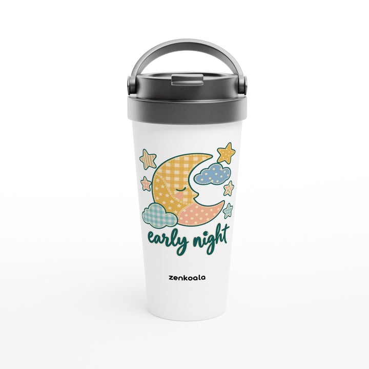 Early Night Moon feel-good travel mug: a sleepy faux patchwork moon, Zen Koala Australia