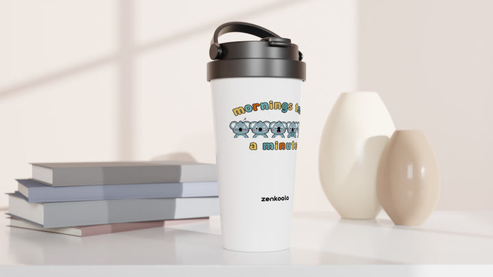 Mornings Take a Minute travel mug beside books and vases, Zen Koala Australia