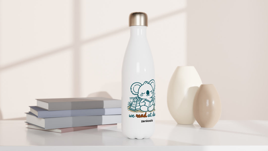 We Read at Dawn water bottle beside books and vases, Zen Koala Australia