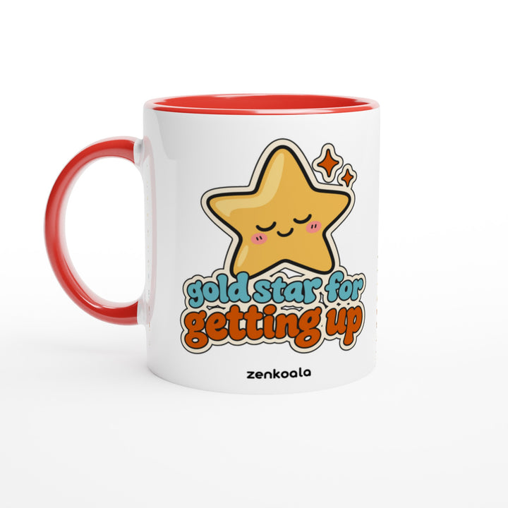 Gold Star for Getting Up mug in red: white with a red rim, inside and handle, Zen Koala Australia