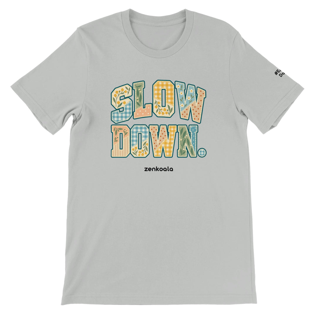 Slow Down Faux Patchwork feel-good tee in silver, Zen Koala Australia
