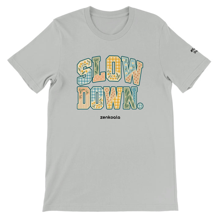 Slow Down Faux Patchwork feel-good tee in silver, Zen Koala Australia