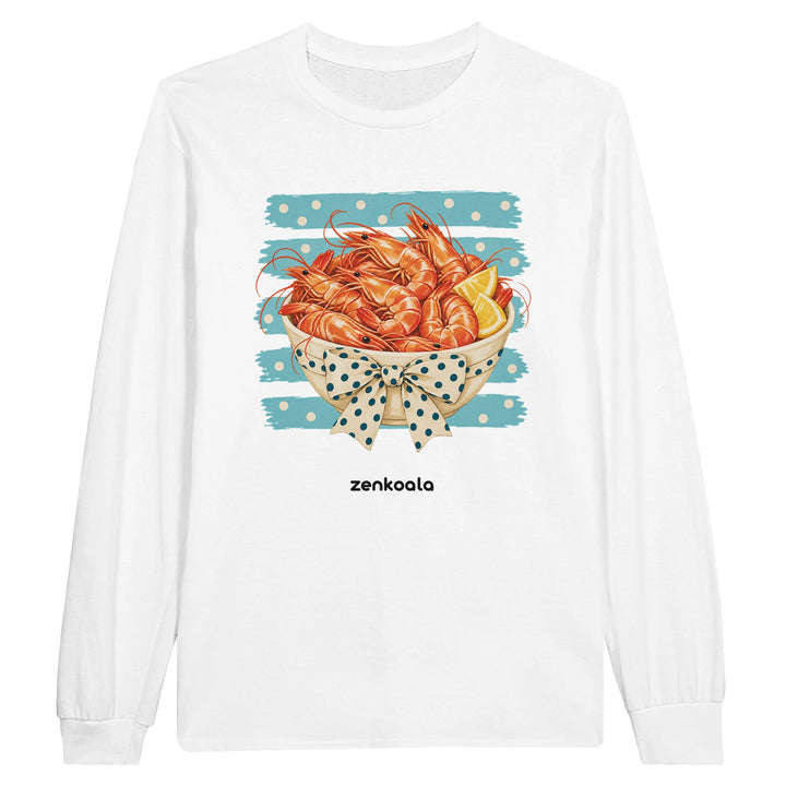 Prawns feel-good long sleeve tee in white, Zen Koala Australia