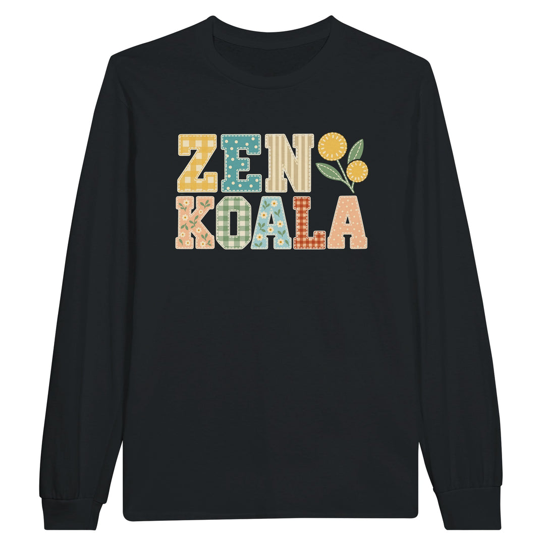 Zen Koala Faux Patchwork feel-good long sleeve tee in black: the brand name in faux patchwork letters, Zen Koala Australia
